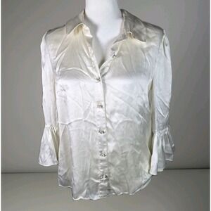Flora Bae Silk Blouse Top Size Large Ivory Romantic Style 3/4 Sleeve